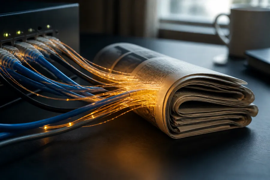 Glowing network lines showing how news travels from sender to media in 2026