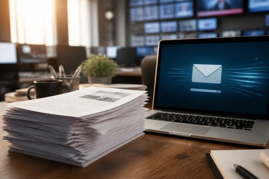 Illustration of a press release being sent out to many media channels at once